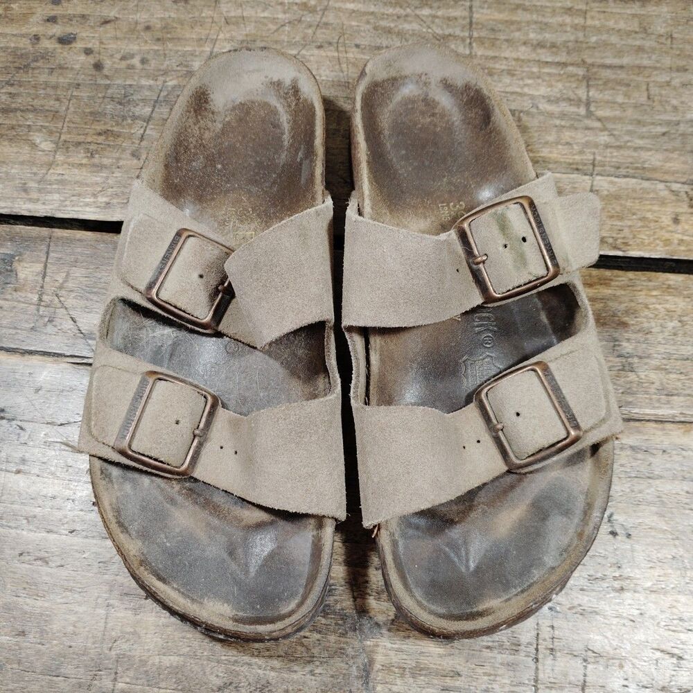 Birkenstock W8 M6 Suede Leather Arizona Sandals Shoes Khaki Slip On Buckle